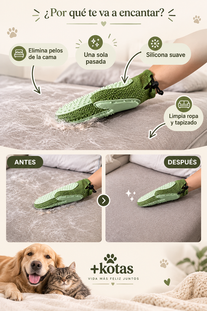 Infografía guante de silicona quitando pelos de cama y ropa